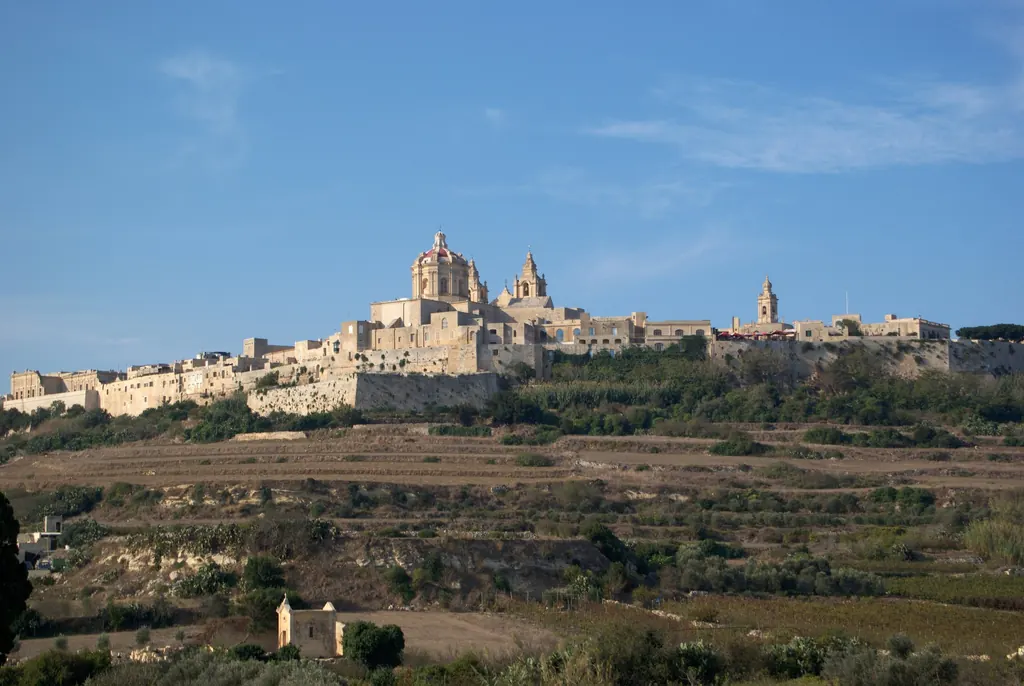 The walled city of Mdina above the countryside
