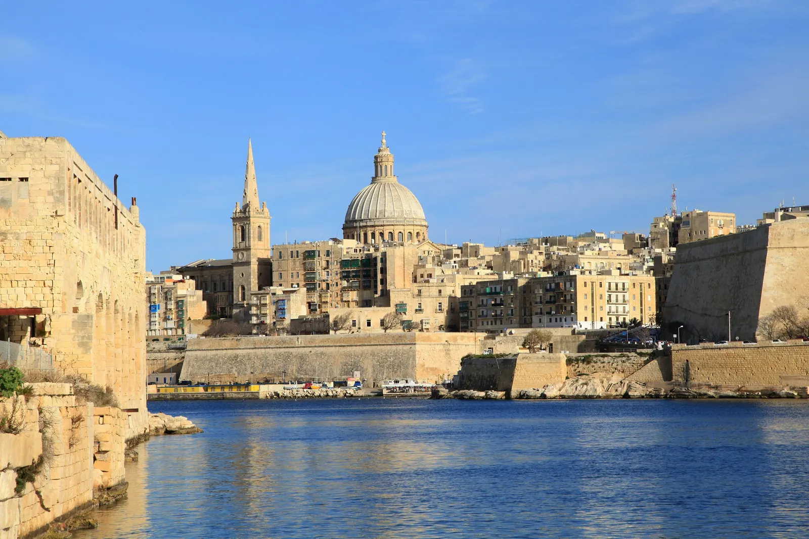 St Paul's spire and the Carmelite dome rising above Valletta's bastions